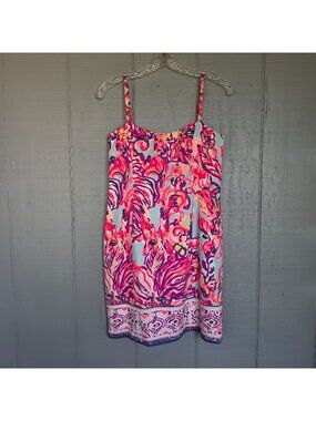Lilly Pulitzer Tie Back Vacation Tropical Pink Blue Sleeveless Shift Dress. Sz 4